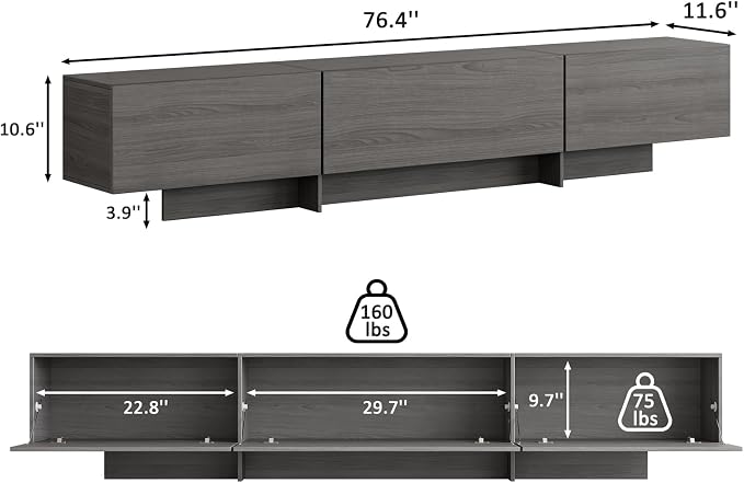 76.4'' Modern TV Stand for Living Room, Mid Century Modern TV Console,Entertainment Center with 3 Drawers, Large Storage Cabinet Table, Media Cabinet for Living Room, Bedroom, Grey - Image 2