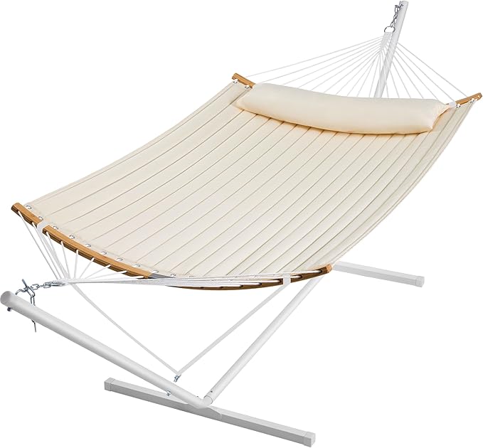 SUPERJARE Hammock with Stand, 2 Person Heavy Duty Hammock with Padded Cotton, Detachable Pillow & Strong Curved-Bar & Portable Carrying Bag, Perfect for Outdoor & Indoor, Beige by SUPERJARE