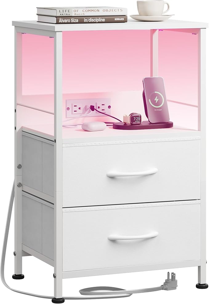 WLIVE White Night Stand with Charging Station, LED Nightstand with 2 Fabric Drawers and Storage Shelf, Dorm Bedside Table End Table with 2 USB Ports and Outlets, Small Dresser for Bedroom by WLIVE