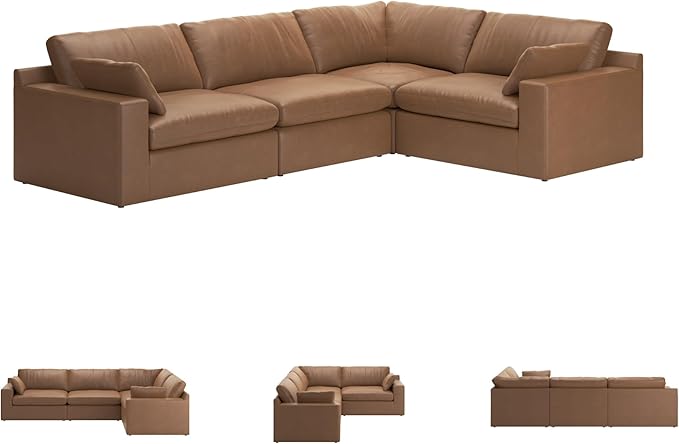 Signature Design by Ashley Emilia Modern L-Shaped Leather Match Modular Anti Sag 4-Piece Sectional with Loose Back Cushions and 2 Bolster Pillows, Orange