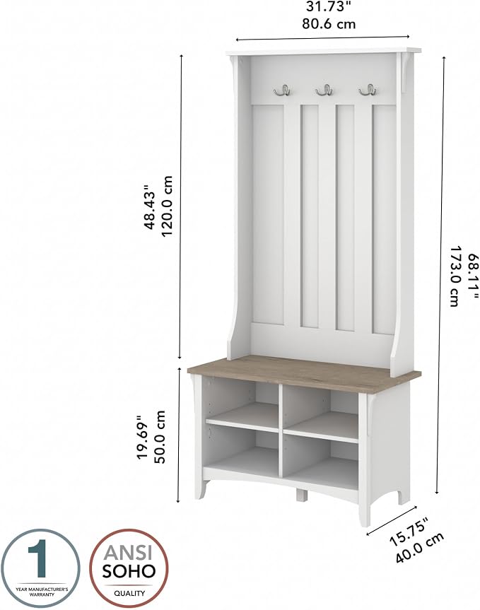 Bush Home Salinas Hall Tree with Shoe Storage Bench in Shiplap Gray and Pure White, Multi-Purpose Home Organizer, Entryway Solution with Seating and Hooks - Image 3