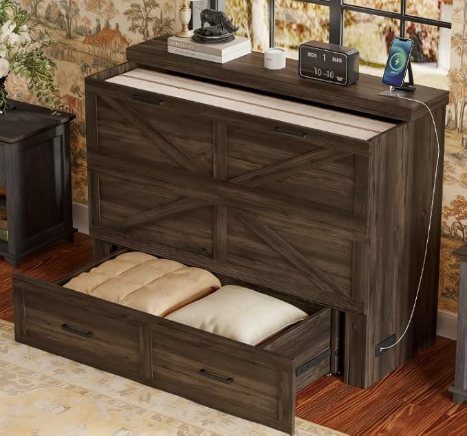 Bellemave Full Size Murphy Bed, Cabinet Bed with Charging Station and Storage, Farmhouse Murphy bedframe with Foldable Panel, Noisy Free, for Guest Bedroom, Living Room, Office, Rustic Gray