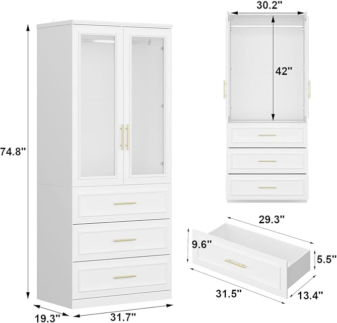 FAMAPY 2 Glass Door Wardrobe with 3 Drawers, Armoire Wardrobe with Hanging Rod, Gold Metal Handles, Closet for Bedroom White (31.7'W x 19.3'D x 74.9'H)