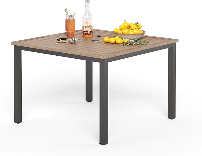 PHI VILLA Outdoor Patio Table, Square Metal Steel Slat Table with 1.57”- 1.9” Adjustable Umbrella Hole, Weather-Resistant Outdoor Dining Table for Garden Deck, 42" x 42" x 28.7", Brown by PHIVILLA