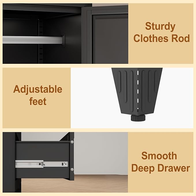 Metal Armoire Wardrobe Closet Storage Cabinet with Mirror Black, 71'' Wardrobe Cabinet with Hanging Rod Metal Closet with Adjustable Shelf and Drawer for Bedroom, Laundry Room, Cloak Room