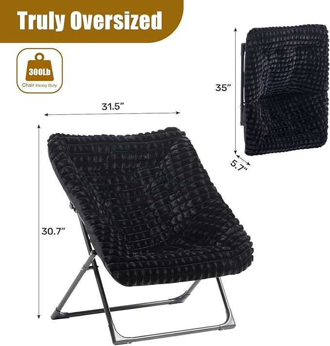 HollyHOME X-Large Saucer Chair, Comfy Oversized Folding Chair, Faux-Fur Reading Chair for Teens, Adults, Foldable Accent Lazy Chair, Metal Lounge Chair for Living Room, Bedroom, Dorm, Grid Black