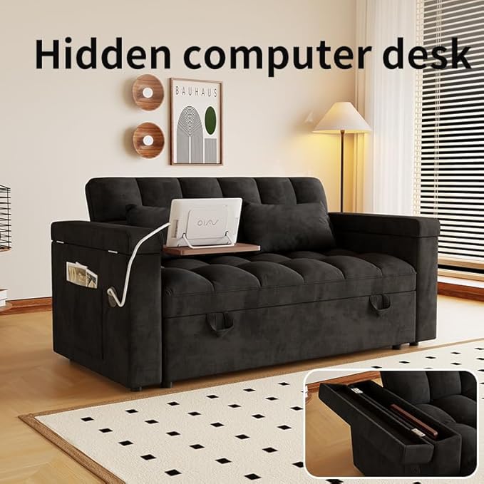 Convertible Sofa Bed, 5-in-1 Pull Out Couch with Side Table, Loveseat Sleeper Sofas Bed Couch with USB Port, 65‘’ Velvet Pull Out Sofa Beds for Living Room, Bedroom, Apartment