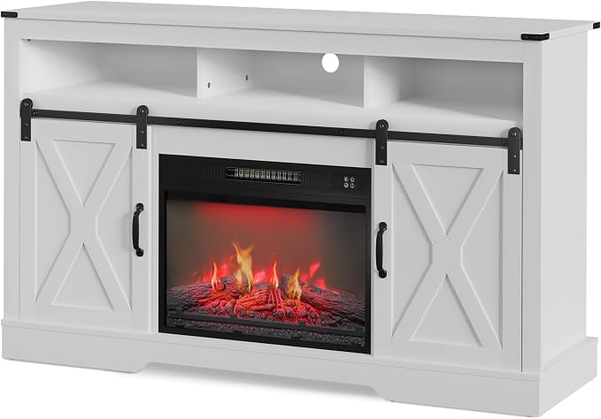 RoyalCraft Fireplace TV Stand for 65+ Inch TV, 34" Tall Farmhouse Entertainment Center with 23" Electric Fireplace,Rustic Media Console with Sliding Bar Door for Living Room, White - Image 8