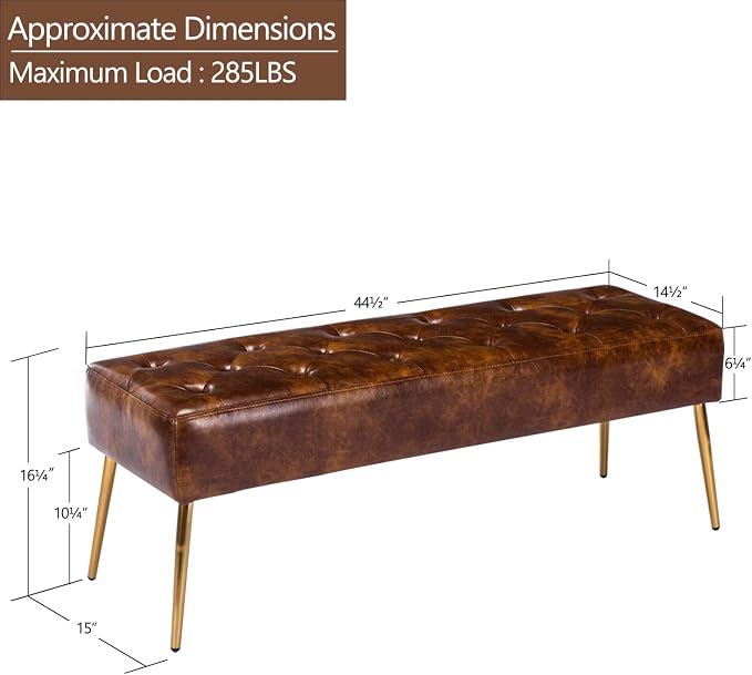 DUHOME Button-Tufted Ottoman Bench, Upholstered Bedroom Benches with Gold Legs Faux Leather Bench for Entryway Dining Room Living Room Bedroom End of Bed, Yellowish Brown - Image 3