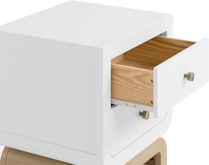 Storkcraft Santorini 2 Drawer Nightstand (White & Driftwood) - GREENGUARD Gold Certified Nightstand for Kids Bedroom, Premium Wood with Curved Base, “Champagne” Metal Knobs - Image 10