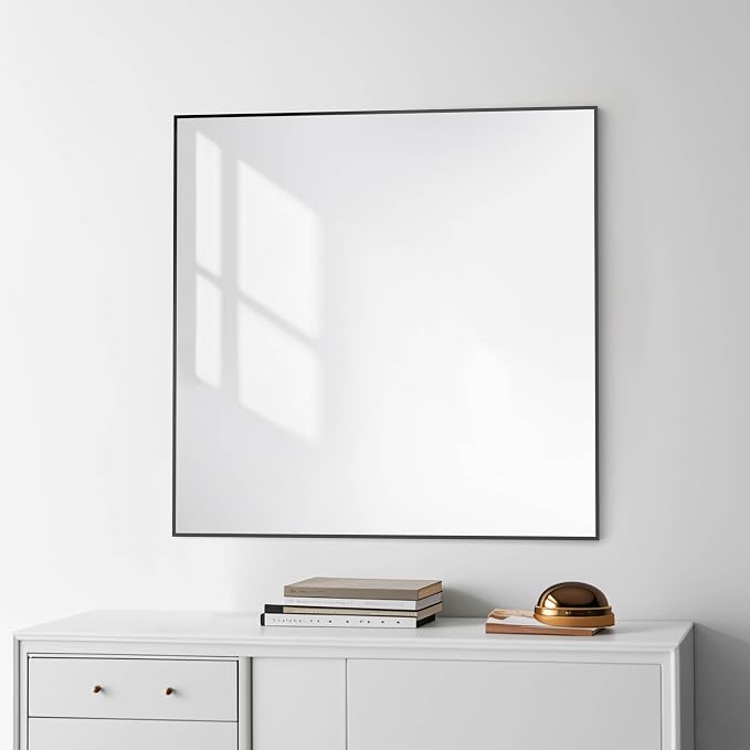 KIBI 36" x 36" Shatterproof Wall Mount Metal Frame Mirror – Horizontal or Vertical Hanging, Modern Rectangular Vanity Mirror for Bathroom, Entryway, or Living Room (Matte Black, FM1-3636MB) - Image 4