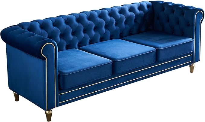 KEIKI 85" Chesterfield Velvet Tufted Button Sofa with Deep Seat Cushions and Rolled Arms, Modern Style 3-Seater Couch Decorated with Gold Strip, Easy Assembly, for Living Room, Bedroom, Office, Blue