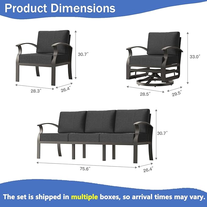 Aluminum Outdoor Patio Furniture Set,7 Seats Patio Conversation Sets with Rectangular Coffee Table,Metal Patio Sectional Furniture Set with 2 Swivel Rocking Chairs,Black