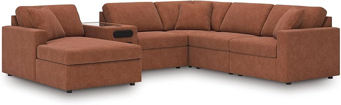 Signature Design by Ashley Modern Modmax Stain Resistant U-Shape Right-Arm Facing 6-Piece Sectional with Audio System and Chaise, Orange