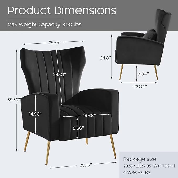 Accent Chairs Set of 2,Upholstered Living Room Chair with Lumbar Pillow, HighBack ArmChair with Metal Legs, Single Sofa Wingback Reading Chair For Bedroom, Apartment, Small Spaces Velvet Black