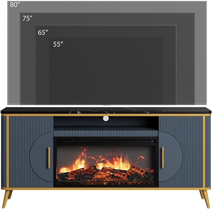 Fluted Fireplace TV Stand Up to 80" TVs, Modern Entertainment Center with 30" Electric Fireplace, Luxury Media Console with Adjustable Shelves for Living Room, Navy Blue - Image 8