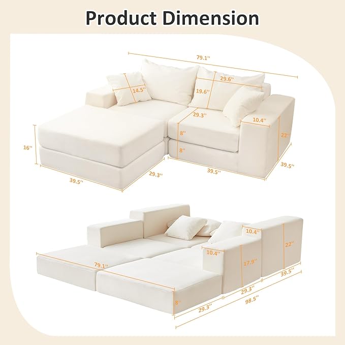 Modular Sectional Loveaeat Cloud Sofa, Boneless Couch with Non Slip Base, Modern Sleeper Sofa for Customizable Living Spaces, Cozy Modular Couch with L-Shape Chaise, Deep Seat & No Assembly, Beige