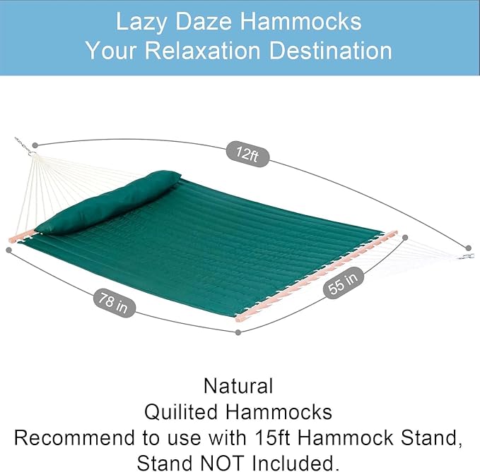 Lazy Daze Hammocks 12 FT Double Quilted Fabric Hammock with Spreader Bar and Detachable Pillow, 2 Person Hammock for Outdoor Patio Backyard Poolside, 450 LBS Weight Capacity, Dark Green - Image 2