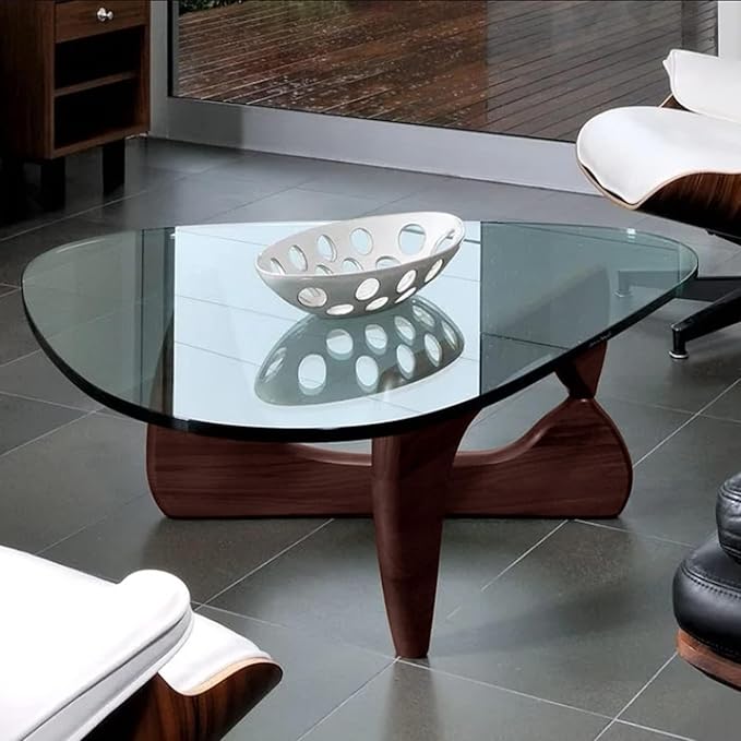 Modern Triangle Glass Coffee Table, Wood End Table with Solid Wood Base and Clear Glass Top, Center Table for Living Room and Patio
