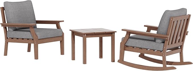 HDPE Patio Conversation Set, 3-Piece All Weather Outdoor Furniture Set with 1 Single Sofa，1 Rocking Sofa for Deck, Lawn, with Cushion, Brown