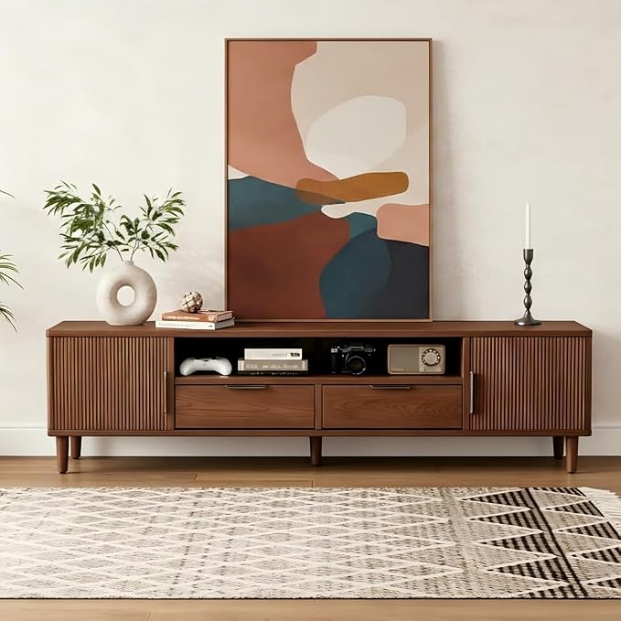 CycleCrew Mid Century Modern TV Stand for TVs Up to 70 in- Wooden Fluted Entertainment Center Low Profile TV Console with 2 Cabinet, Drawers and Shelf, Media Console for Living Room - Image 4