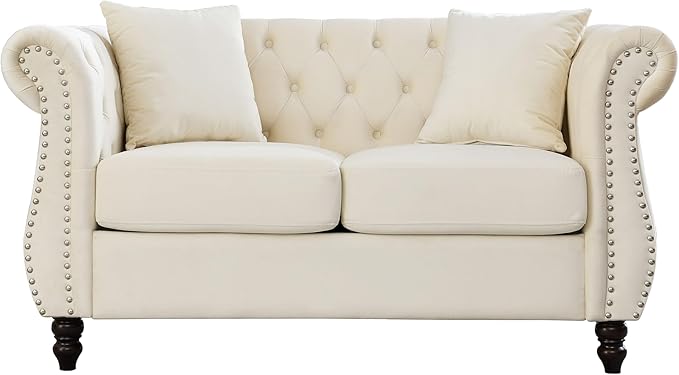 KEIKI Chesterfield Sofa, Retro Style Upholstered 2 Seater Velvet Couch with Rolled Arm for Living Room Bedroom Office Apartment, Beige