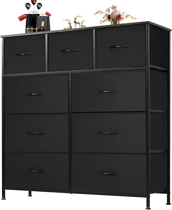 Sweetcrispy Dresser for Bedroom with 9 Storage Drawers, Tall Large Fabric Storage Tower Organizer, Chest of Drawers with Metal Frame Wooden Top for Closet, Living Room, Entryway, Black by Sweetcrispy