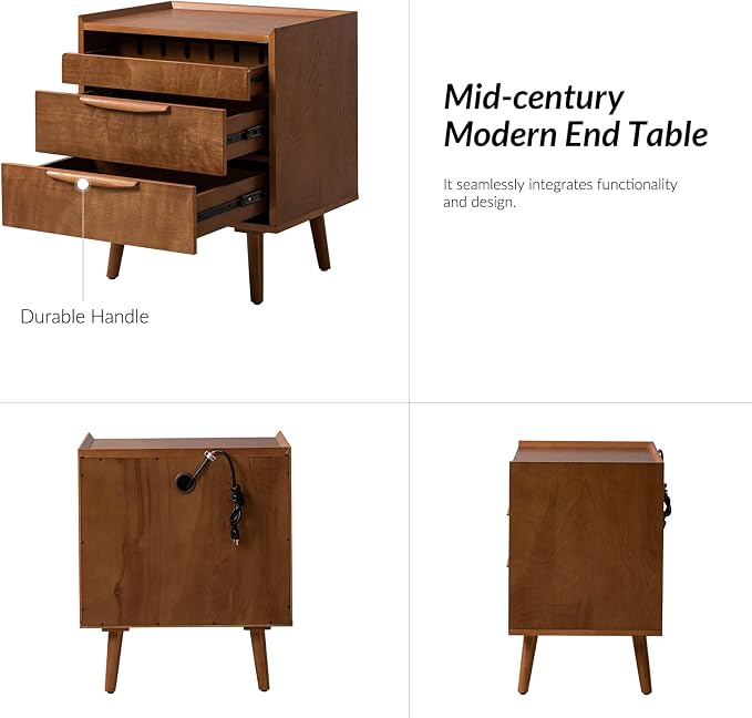HULALA HOME 2 Drawer End Table with Pull-Out Shelf, Mid-Century Modern End Table with Wood Legs, Wood Side Table with Charging Station(Acorn) - Image 6