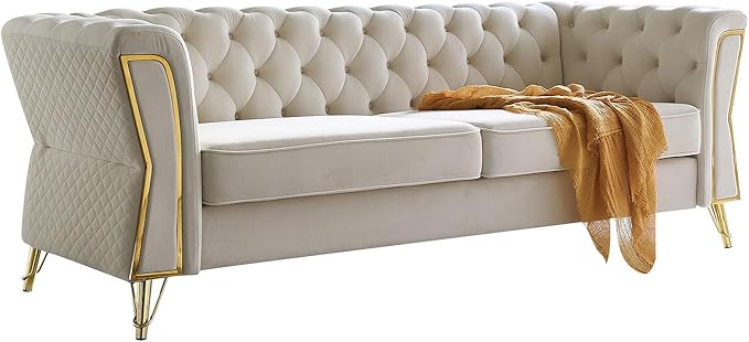KEIKI 87" Chesterfield Velvet Button Tufted Sofa with High Density Foam Cushions, Modern Style 3-Seater Couch with Gold Strip Trim Decoration, Easy Assembly, for Apartment, Living Room, Office, Beige