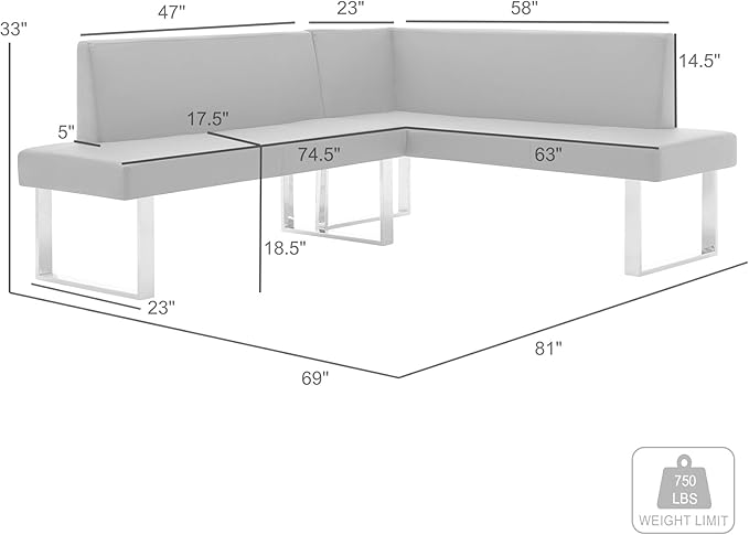 Armen Living Amanda Sectional in White and Chrome Finish 79.5"x58"x22"