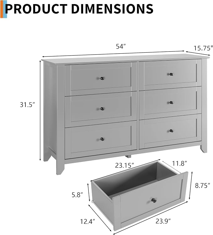GarveeHome Grey 6 Drawer Dresser for Bedroom, Simply Modern Chest of Drawers, Wood Storage Double Dresser with Deep Drawers for Living Room, Hallway Entryway - Image 2