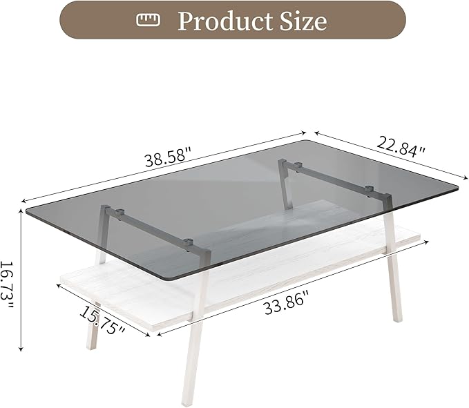 IANIYA Glass Coffee Table for Living Room Small Gold Mid Century Coffee Table for Living Room with Wood Shelves (White Frame, Gray Glass + White Wood)