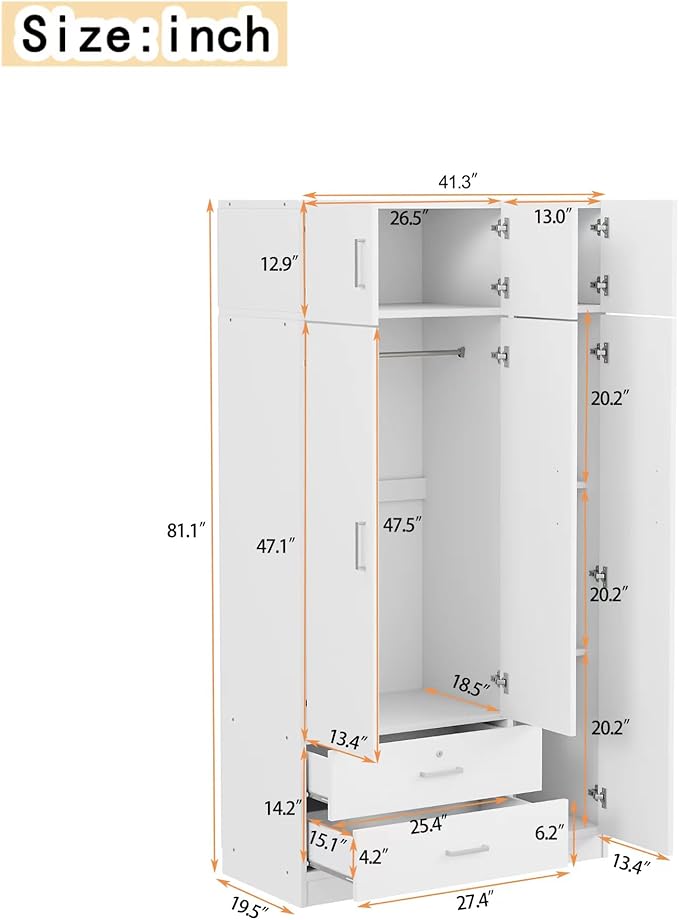 Merax 3 Doors Wardrobe with Mirror Door and Top Cabinet, Wooden Closet Wardrobe Organizers with Hanging Rail, 2 Drawers and 4-Tier Storage Shelves for Bedroom, Laundry Room, White