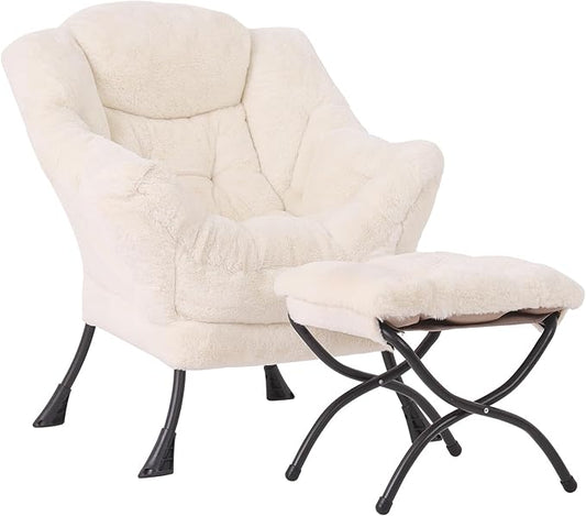 Lazy Chair with Ottoman, Modern Accent Chair Sofa Chair with Armrests, Reading Chair and Folding Footstool for Living Room, Bedroom, Office, Plush Beige