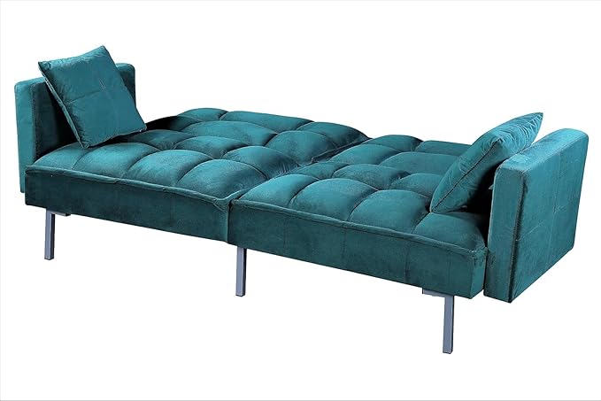 Regal 75.6" Velvet Convertible Sofa Bed - Mid-Century Sleeper Couch w/Tufted Design & Metal Legs - Pull-Out Futon for Guests/Home (75.6" W x 34.6" D x 32" H), Blue