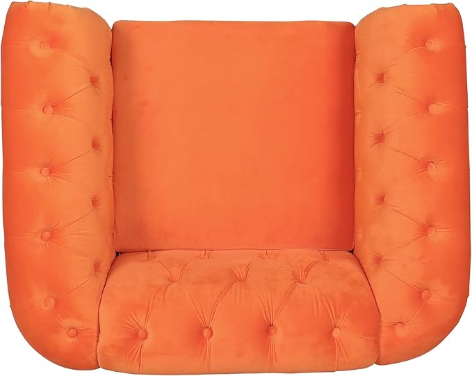 LEVNARY Velvet Chesterfield Armchair, Modern Sofa Chair with Button Tufted Backrest, Tufted Upholstered Rolled Chair for Home Reading Room (Orange)