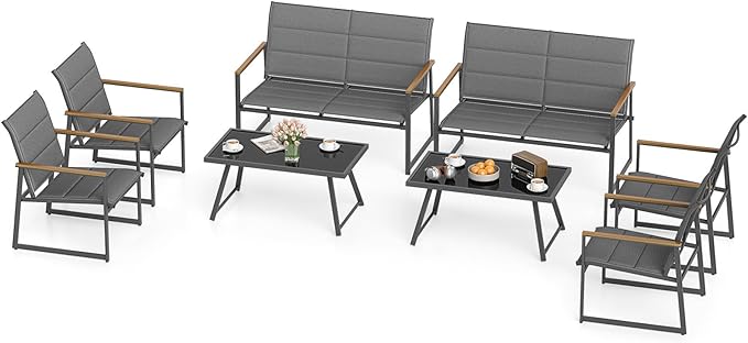 Tangkula 8 Piece Patio Furniture Set, Outdoor Metal Conversation Set with Padded Fabric Seat & Wood-Plastic Armrests, Sectional Sofa Set with Tempered Glass Coffee Table for Backyard, Porch (Gray)