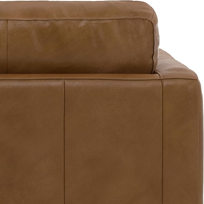 SIMPLIHOME Morrison Arm Chair - 42 inch Wide Upholstered Genuine Leather Mid-Century Modern Accent Chair in Caramel Brown with Solid Wood Legs, Reversible Bolster Pillows and Reclined Back