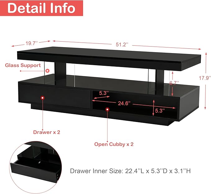 Modern LED Coffee Table with Storage, High Gloss Cocktail Center Table with Drawers, Display Shelves & LED Lights for Living Room, 51.2’’, Black