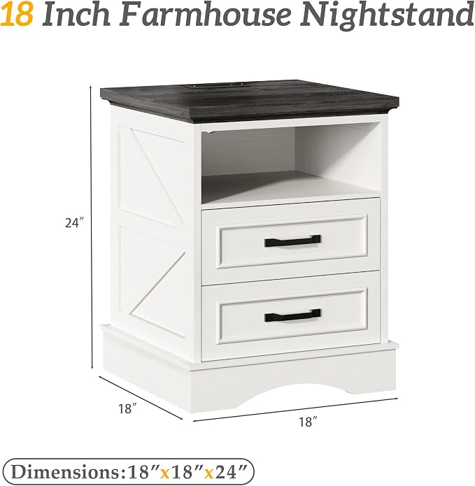 Fluest 24" Tall Farmhouse Nightstand, Night Stand with Fast Charging Station, Beside Tables with Drawers and Open Storage, Rustic End Tables for Bedroom, Antique White - Image 2