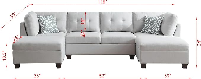 118-Inch Symmetrical Sectional Couch Linen Cloud Cushion Upholstered Sofas, U- Shaped Modular Sectional Sofa with 2 Movable Ottoman Chaise Lounges for Living Room