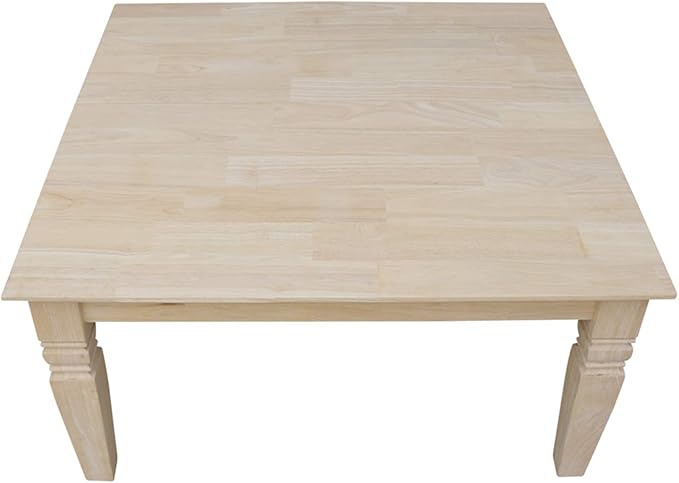 International Concepts, 18"H Java Square Coffee Table, Farmhouse, Living Room Furniture, Sturdy Solid Parawood, Paint or Stain in Any Color, Easy Assembly, Unfinished