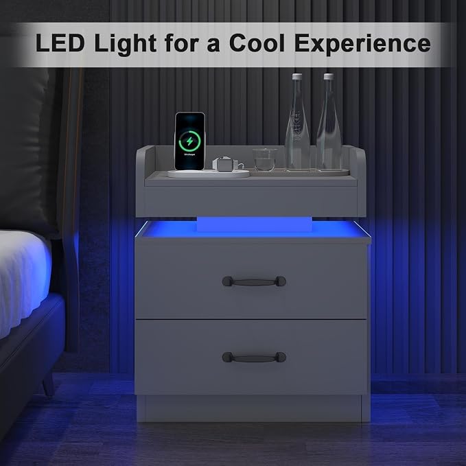 4ever2buy Grey Nightstand Set of 2 with Charging Station and LED Lights Modern Bedside Tables with 2 Drawers for Bedroom - Image 5