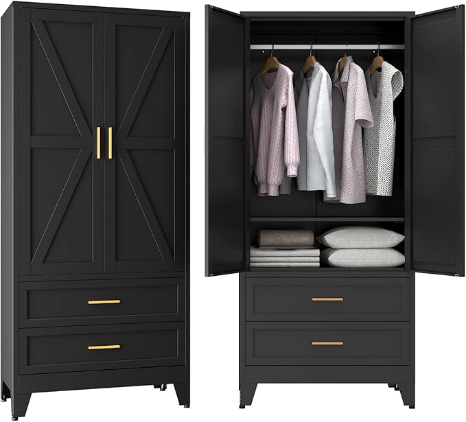 Metal Wardrobe Cabinet, 71" Tall Armoire Wardrobe Closet with 2 Drawers, Hanging Rod and Adjustable Shelf, Farmhouse Clothing Storage Cabinet for Bedroom, Laundry
