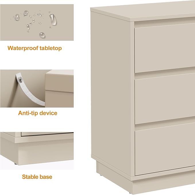 RoyalCraft Nightstand with 3 Drawers Storage, 23.6" Modern Night Stand for Bedroom, Large Bedside Table, End Table for Closet, Beige - Image 5