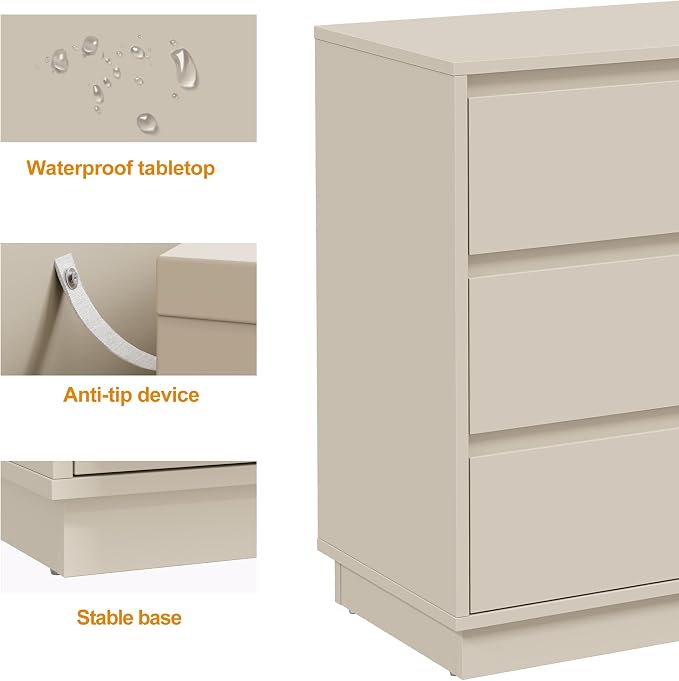 RoyalCraft Nightstand Set of 3, 23.6" Night Stand with 3 Drawers Storage, Large Bedside Table, End Table for Bedroom, Closet, Beige - Image 5