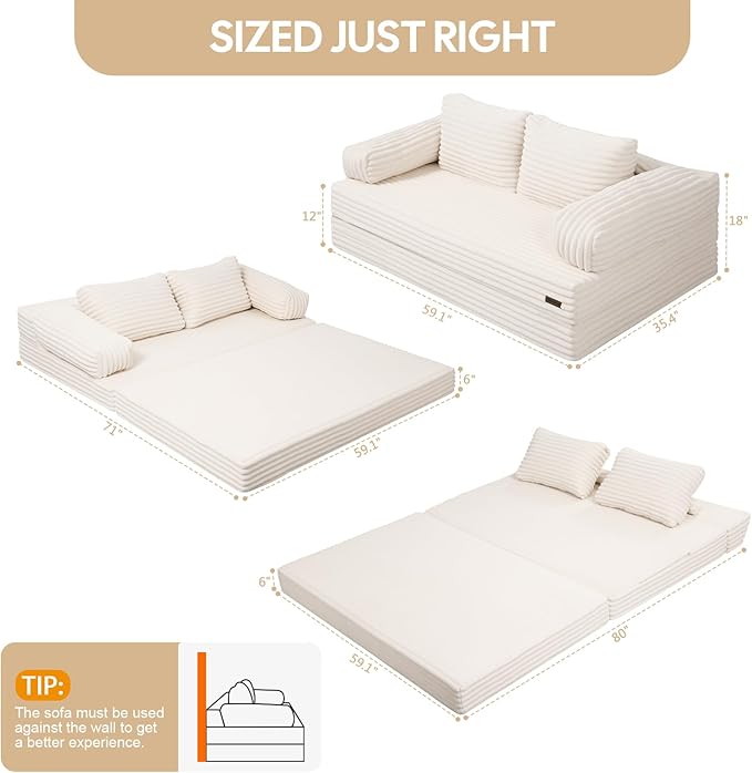 MeMoreCool Convertible Sofa Bed, Folding Floor Couch Bed Queen, Pull Out Sleeper Couch with Pillows, Fold Out Futon Sofa for Bedroom Living Room Small Space, Corduroy Beige