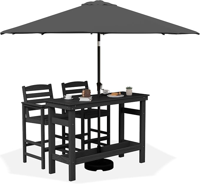 SERWALL Outdoor Bar Set with 9ft Umbrella, All-Weather HDPE Patio Bar Chairs and Table, Outdoor Furniture Set, Black (Umbreall Base not Included) by SERWALL