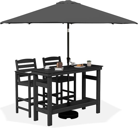 SERWALL Outdoor Bar Set with 9ft Umbrella, All-Weather HDPE Patio Bar Chairs and Table, Outdoor Furniture Set, Black (Umbreall Base not Included) by SERWALL