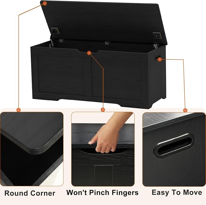 Timberer 39.4" Storage Chest, Wooden Storage Bench, Lift Top Toy Chest with 2 Safety Hinges, Large Toy Box, Entryway Bench for Living Room, Bedroom, Black - Image 7